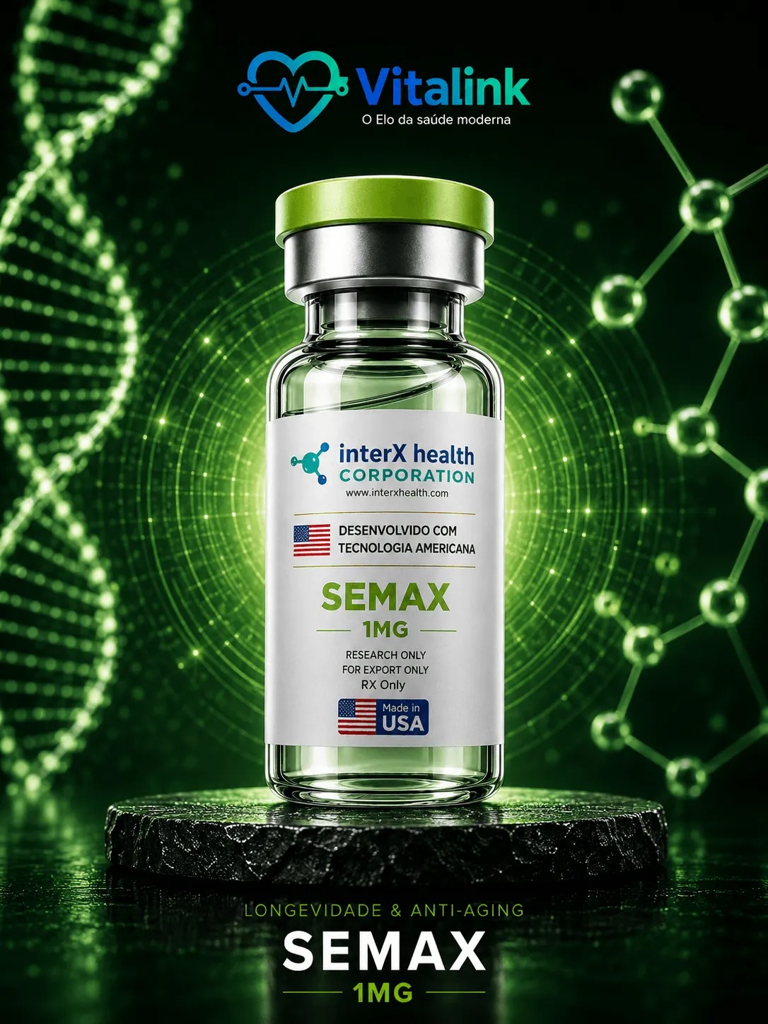 Frasco de Semax 1 mg, peptídeo de origem internacional apresentado no catálogo técnico da Vitalink.