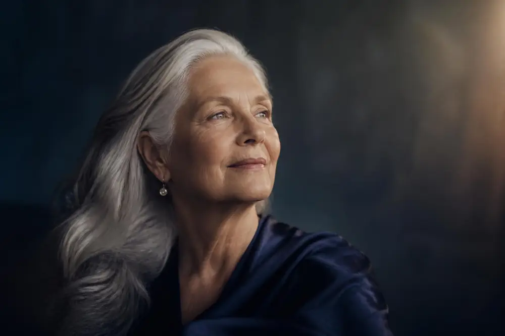 Retrato sereno de pessoa madura e vibrante, representando longevidade e qualidade de vida