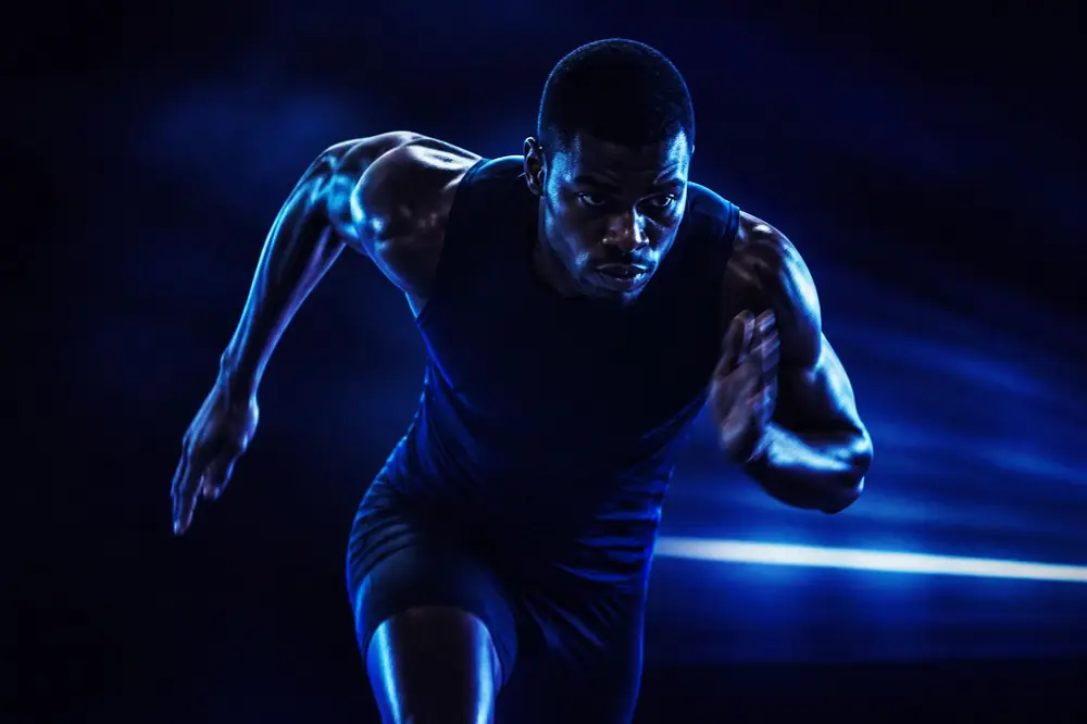 Atleta em movimento explosivo sob luz azul dramática, representando performance e superação