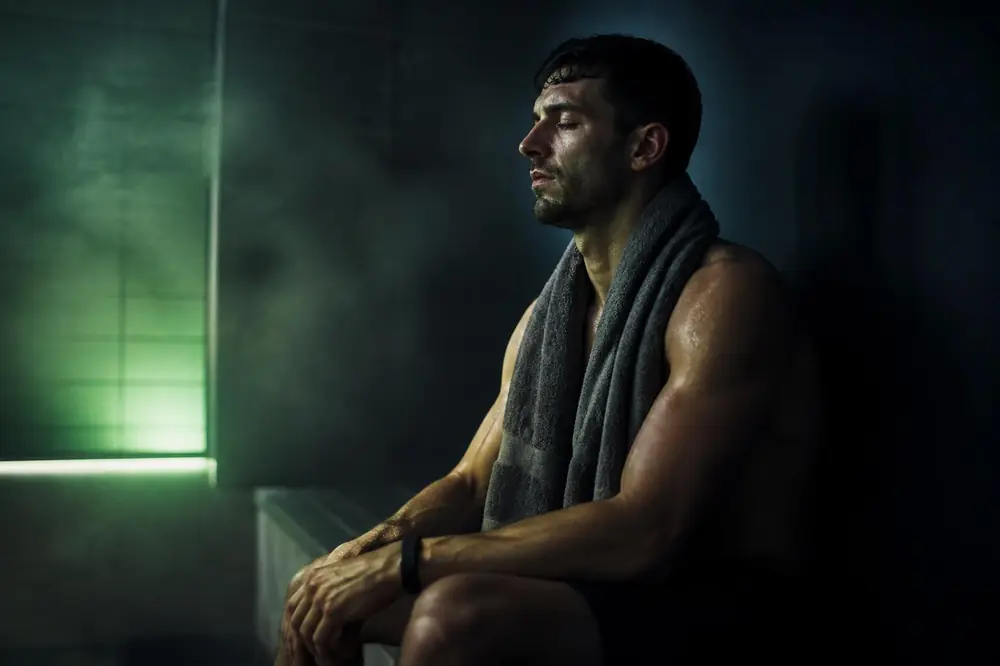 Atleta em repouso após esforço sob luz verde suave, representando recuperação e reparo físico